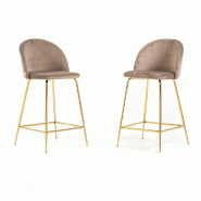 RATTATAN Lot de 2 tabourets de bar en velours avec pieds en métal,h.65cm,pour bar,restaurant et cuisine,design élégant–Sara XL–Taupe/Or - multi