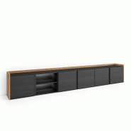 SKRAUT HOME Meuble TV, Banc Télé, 309x50x35 cm, Pour les TV jusqu'à 80", LED, Noir et chêne - noir Bois manufacturé 637_2