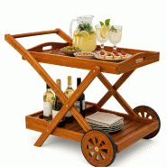 Chariot de service de jardin en bois d’acacia, 2 étagères, porte-bouteilles à 3 emplacements et 2 roues, pour piscine, bar, buffet - marron Bois