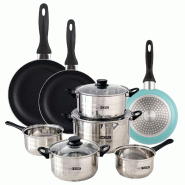 WellHome - Batterie de cuisine 8pc en acier inoxydable avec jeu de 3 poêles Ø16/20/24cm en aluminium embouti couleur Bleu mat - multi-matériau PK8178