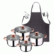 BERGNER - Batterie de cuisine NONA 8 pcs 16/18/20/24cm en acier inoxydable compatible induction avec tablier de cuisine gris foncé 100% coton 75x80cm