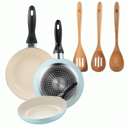 BERGNER - Jeu de 3 Poêles Ø16/Ø20/Ø24 cm Aluminium Pressé Bleu Ciel avec Set 3pcs Ustensiles de Cuisine 32,8x33x7x1,4 cm Xmart - PK9395