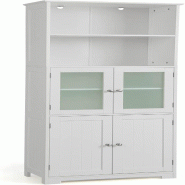COSTWAY Meuble haut blanc salle de bain portes vitrées, 2 compartiments ouverts et étagères réglables, rangement salle de bain, cuisine, salon - b