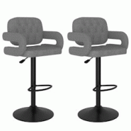 Décoshop26 - Lot de 2 tabourets de bar chaises hautes en tissu gris clair capitonné et acier noir DEC029686 - gris 3000257500534