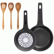 BERGNER - Ensemble de poêles Ø20/24 cm en aluminium moulé compatible induction avec ensemble de 3 ustensiles de cuisine en acacia - PK9550