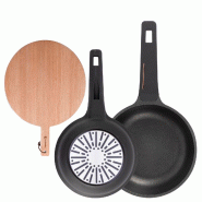BERGNER - Jeu de poêles Ø20/24cm en Aluminium moulé Compatible Induction avec Planche à Découper Ronde en Bois de Hêtre - PK9562