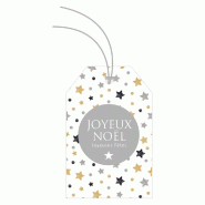 Etiquette américaine "Joyeux Noël" blanc /etoiles 52x80mm fil argent - par 12