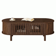 Merax Table basse ovale  100 x 40 x 38 cm avec 2 portes à lattes, porte coulissante à store et pieds en bois massif aspect noyer - marron multi-mat�