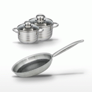 Batterie de cuisine avec 1 poêle de cuisson 28 cm et 2 faitouts 12/14 cm en inox sans PFAS Elo Collection Relief Solution Brillant - gris 31762399410_0