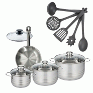Batterie de cuisine avec 3 faitouts 16/20/24 cm 1 poêle 20 cm et 6 ustensiles de cuisine sans PFAS Fackelmann Etherna Brillant Clip avec couvercles -