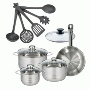 Batterie de cuisine avec 3 faitouts 16/20/24 cm et 1 poêle 24 cm avec 6 ustensiles de cuisine Fackelmann Etherna Brillant Clip avec couvercles - gris