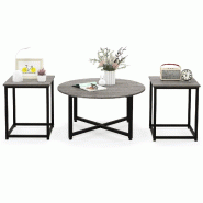 Helloshop26 - Lot de 3 tables basses table ronde 80 x 42 cm et 2 tables d'appoint 40 x 40 x 50 cm design moderne en métal gris 20_0011962 - 300022699