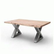 TABLE BASSE CLAREN PLATEAU 110 EN ACACIA MASSIF NATUREL LAQUÉ PIÉTEMENT X ACIER BROSSÉ