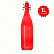 WDMT Bouteille en verre à bouchon mécanique 1 L – rouge – Ø 8,6 x 32 cm – réutilisable - rouge verre FN32698-ROOD