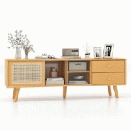 Helloshop26 - Meuble tv en bambou pour tv 65" avec 2 compartiments 2 tiroirs porte coulissantes pour salon chambre, 140 x 31 x 45,5 20_0008884 - 30002 Helloshop26 - Meuble tv en bambou pour tv 65" avec 2 compartiments 2 tiroirs porte coulissantes pour salon chambre, 140 x 31 x 45,5 20_0008884 - 30002