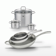 Lot Poêles 24/28/32cm & Faitouts 12/16/26cm Elo Relief Evolution - gris inox 3176239958195