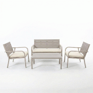 RATTATAN Set de jardin avec canapé, 2 fauteuils et table en métal et polyéthylène effet bois avec coussins, idéal pour terrasse et jardin - MATER