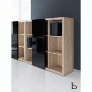 Bibliothèque avec porte coulissante Mito - MDD - Noir brillant, Sycomore clair
