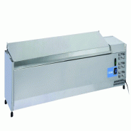 Vitrine réfrigérée en acier inoxydable pour 9 plateaux GN1/3. Dimensions (LxPxH) 200x39,5x28,1 cm. Température +2°C/+8°C. Tête froide VRX 20/38