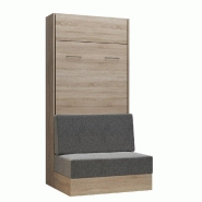 ARMOIRE LIT ESCAMOTABLE DYNAMO SOFA CANAPÉ INTÉGRÉ CHÊNE NATUREL TISSU GRIS 90*200 CM