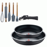 BERGNER - Ensemble 2 poêles Ø22/26cm aluminium embouti noir avec poignée amovible et Ensemble 5 ustensiles de cuisine en silicone et bois d’acaci