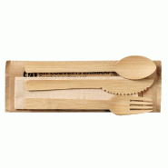 Kit couverts 4 en 1 (couteau,fourchette,cuillère,serviette) bambou 17cm par 500