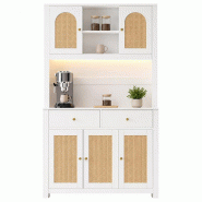 Merax armoire haute de cuisine 100 x 40 x 180 cm, LED RGB, bar à café, prises, portes en rotin, rangements, Blanc - blanc Bois manufacturé N635P287