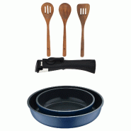 BERGNER - Jeu de 2 poêles Ø22/26cm en aluminium coulé Bleu avec manche amovible avec set de 3 ustensiles de cuisine en bois d’acacia - PK9779_0