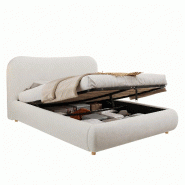 Merax Lit capitonné  180 x 200 cm avec coffre de lit hydraulique, sommier à lattes, tête de lit bouclée et pieds en bois massif, blanc - blanc mul