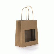 Sac kraft fenêtre brun 18x8x19cm - par 12 - poignées torsadées - 80% recyclé