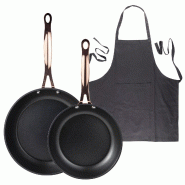 BERGNER - Jeu de 2 Poêles Ø20/24cm en Aluminium Forgé Noir Mat avec Tablier de Cuisine Gris Foncé 100% Coton 75x80cm - PK9529