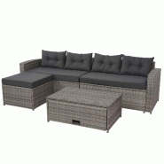 Mendler Poly-Rattan Garniture HWC-J34, Balcon-/Jardin-/Lounge-Set Canapé, compartiment de rangement ~ gris, coussin gris foncé - gris plastique 7708