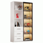 Merax Vitrine LED 80×40×160 cm, bibliothèque avec porte en verre trempé, vitrine avec 3 tiroirs et compartiments ouverts, armoire haute blanche -