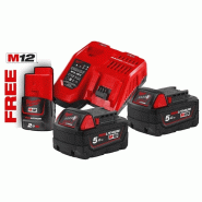 Pack 2 batteries 18V 5Ah + 1 batterie 12V 2Ah + Chargeur M18 NRG-502 - Milwaukee 4933459217 Pack 2 batteries 18V 5Ah + 1 batterie 12V 2Ah + Chargeur M18 NRG-502 - Milwaukee 4933459217