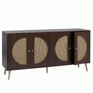 Décoshop26 - Buffet 160 cm effet noyer foncé 4 portes avec inserts en cannage poly-rotin style rétro scandinave pieds en bois 04_0008841 - Bois mas