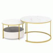 COSTWAY Ensemble de 2 tables basses rondes, table de salon aspect marbre, table d'appoint avec espace de rangement - blanc VH33108IT
