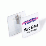 Durable Boîte de 50 badges UNIVERSEL, 75 x 40 mm, fixation par pince, transparent - transparent plastique 815719