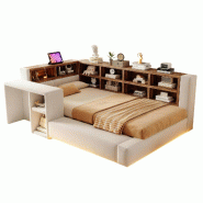 Merax Lit rembourré 90x200 cm, lit simple beige avec LED, rangements, prise, table d’appoint et dossier rembourré - beige multi-matériau LDU00645AAA