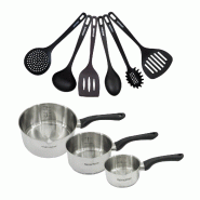 Set 3 casseroles 12 16 et 20 cm en inox et 6 ustensiles Fackelmann Geneva - gris inox 3176239944419