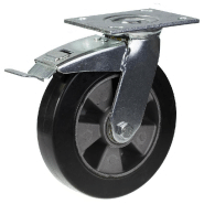 Roulette pivotante/frein de 200 mm en caoutchouc élastique noir sur roue centrale en aluminium Roulette pivotante/frein de 200 mm en caoutchouc élastique noir sur roue centrale en aluminium