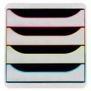 Exacompta - Réf. 310913D - BIG-BOX - Caisson 4 tiroirs - Dimensions extérieures : Prof. 34,7 x l 27,8 x H 26,7 cm - Blanc/arlequin/blanc - multicolo