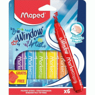 Maped Marker'Peps Feutres Window pour Vitres, Pointe Large 5mm et Encre Effaçable à l'eau - 6 Feutres Assortis Surfaces Vitrées + 1 Chiffon Microfi
