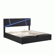 Merax Lit rembourré 140x200 cm lit double, cuir artificiel (PU) noir, avec éclairage LED dans la tête de lit, sommier à lattes hydrauliques, lit a