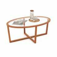 Helloshop26 - Table basse ovale 118 x 71,5 x 47,5 cm supérieure en verre trempé avec pieds en bois d'acacia design moderne en verre 20_0013772 - 300