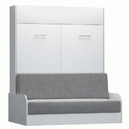 ARMOIRE LIT ESCAMOTABLE DYNAMO SOFA CANAPÉ ACCOUDOIRS BLANC MAT ET MICROFIBRE GRIS 160*200 CM