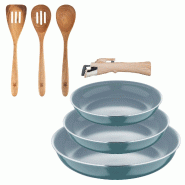 BERGNER - Ensemble de 3 poêles Ø18/20/24cm aluminium pressé recyclé vert avec manche amovible et ensemble de 3 pcs d'ustensiles de cuisine en acac