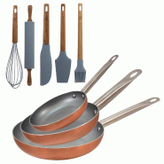 BERGNER - Jeu de 3 poêles en aluminium embouti Ø18/Ø22/Ø26cm compatibles induction Optimum Plus avec 5 ustensiles de cuisine en silicone et bois -