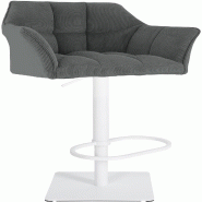 Décoshop26 - Tabouret de bar x1 réglable en velours côtelé gris assise enveloppante capitonnée avec base carrée en métal blanc 10_0006306 - bla