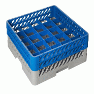 METRO Professional Set de paniers pour lave-vaisselle GLGBK5025, 3 pièces, PP, 50x50 cm, 1 panier, 1 extension, 1 extension pour 25 verres, gris/bleu