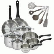 Batterie cuisine 2 poêles 24/28 cm 3 faitouts 16/20/24 cm 3 casseroles 12/16/20 cm 5 ustensiles Fackelmann Geneva - gris inox 3176239922080